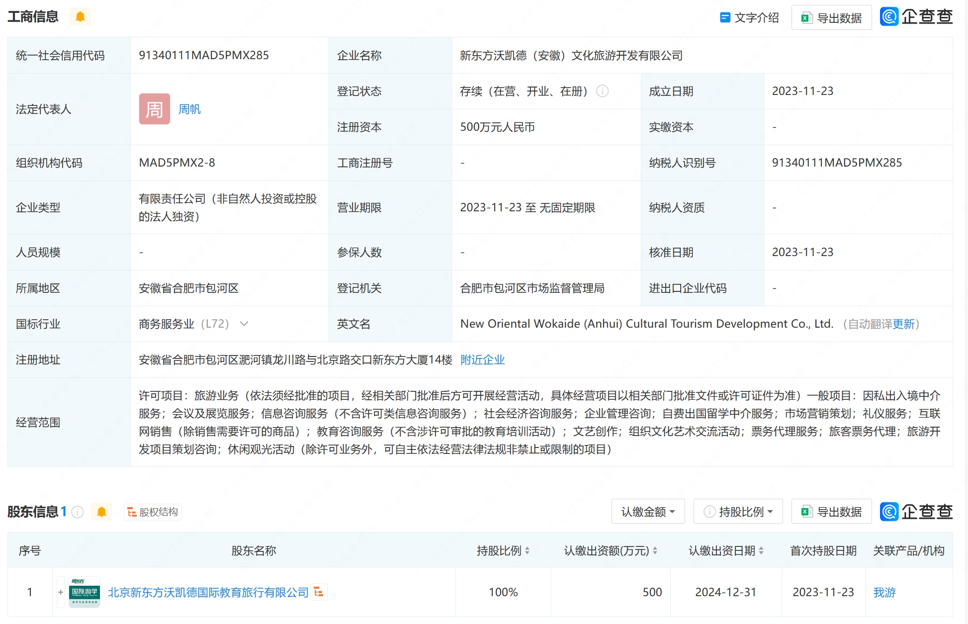 新东方在安徽成立沃凯德文旅公司，新增翻译服务板块